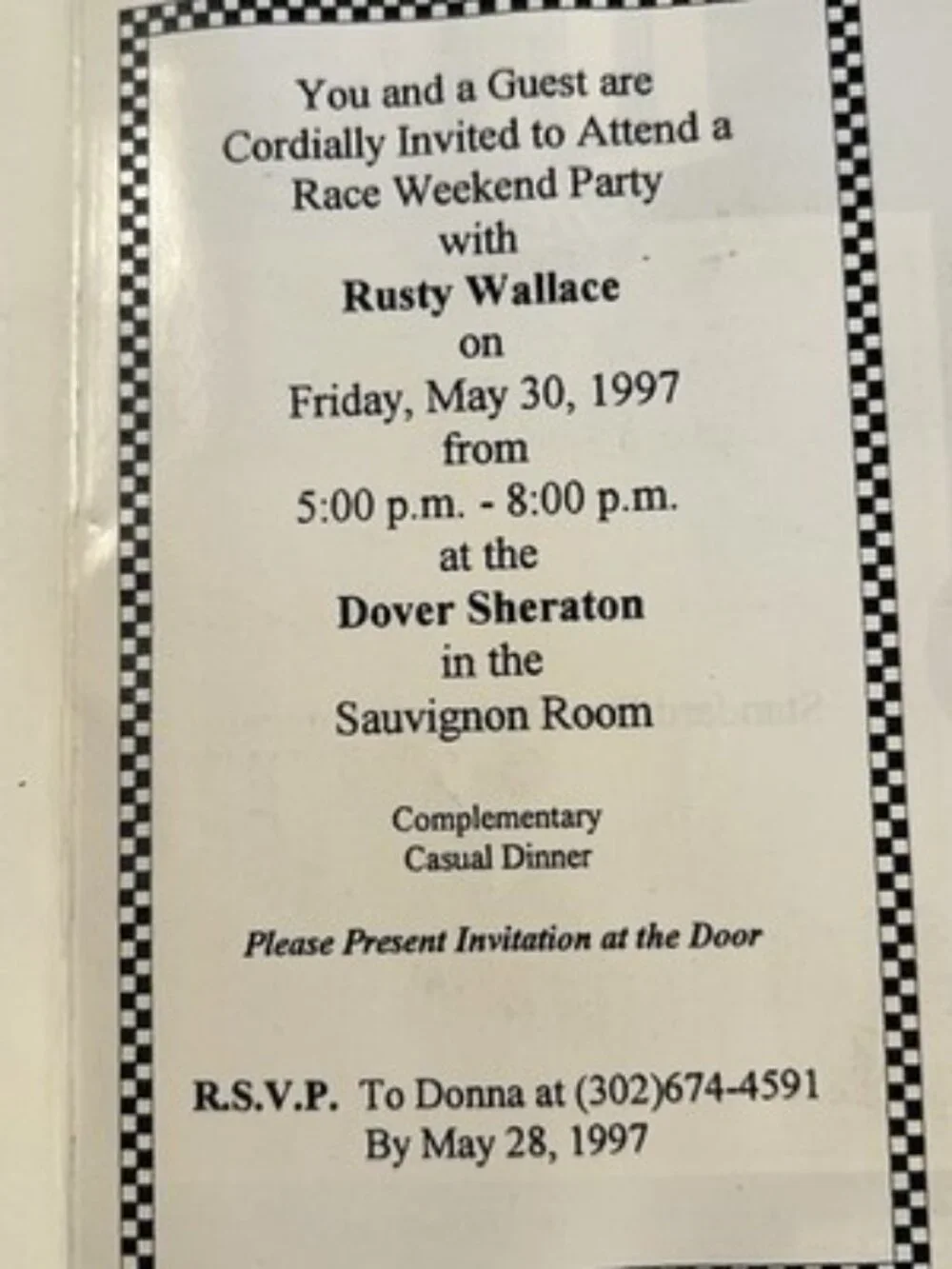 RUSTY WALLACE Signed Autographed Private Dinner Invitation 1997 Dover Delaware